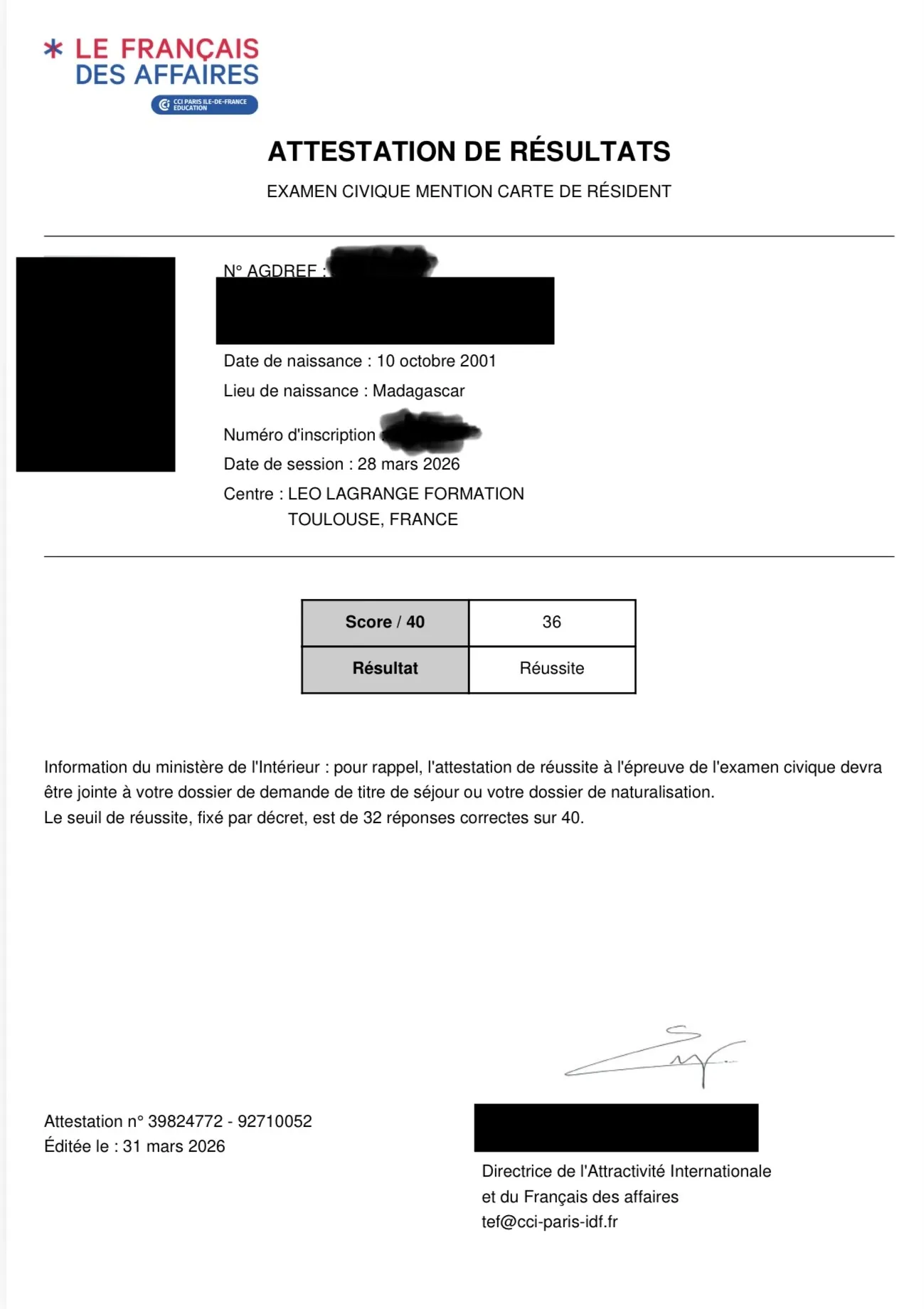 Exemple d'attestation de réussite à l'examen civique 2026 au format PDF, avec nom et photo du candidat masqués pour la confidentialité.