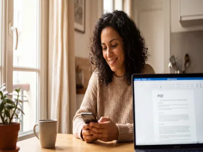 Smartphone affichant un email de résultats d'examen civique avec une attestation PDF en pièce jointe.